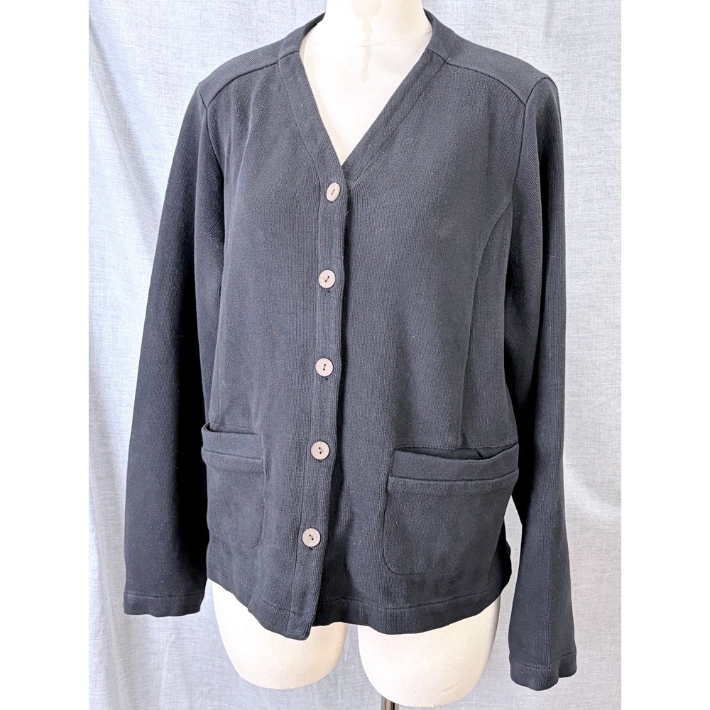 Tommy Bahama Womens Black Ribbed Knit‎ Button Up V-Neck Cardigan Sweater Pockets